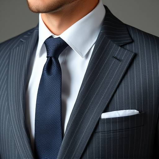 A charcoal grey single-breasted business suit with subtle pinstripes, a crisp white shirt, and a deep navy silk tie.