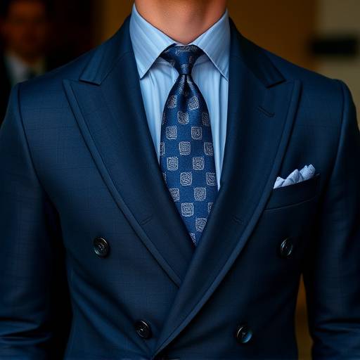 A deep navy blue double-breasted business suit with peaked lapels, a light blue shirt, and a subtle patterned tie.