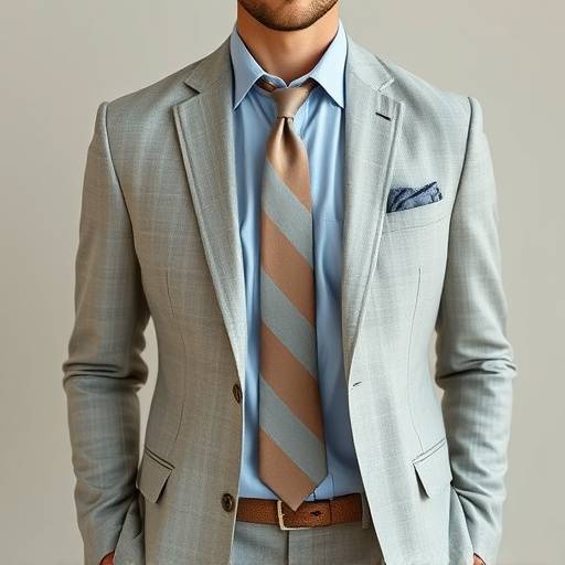A light grey textured linen blend business suit, worn with a light blue shirt and a muted patterned tie, perfect for warmer climates.